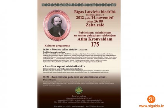 Rīgas Latviešu biedrības namā notiks pasākums par godu Atim Kronvaldam