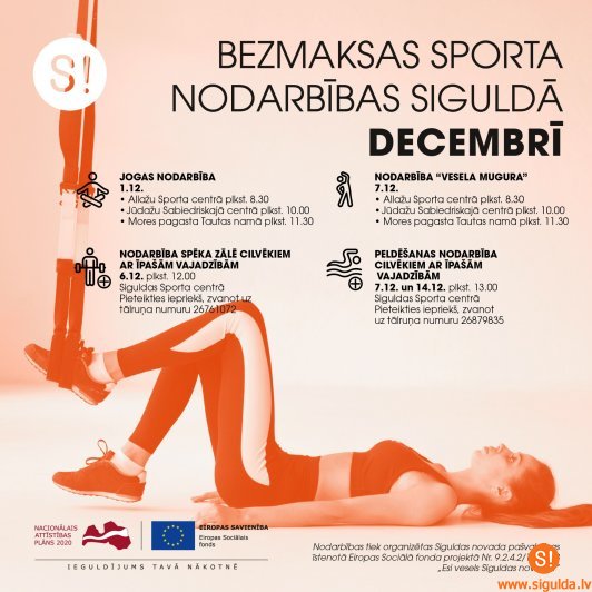 Decembrī notiks vairākas bezmaksas sporta nodarbības