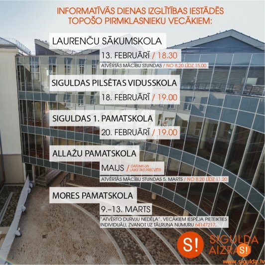 Topošo pirmklasnieku vecākus aicina uz informatīvajām dienām