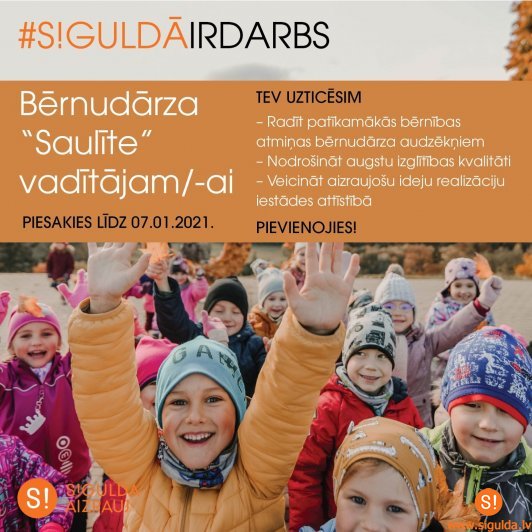 Aicinām darbā pirmsskolas izglītības iestādes “Saulīte” vadītāju
