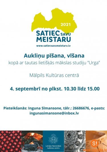 Sestdien Mālpils Kultūras centrā notiks aukliņu pīšanas, vīšanas nodarbība