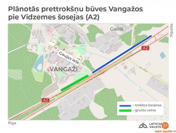 “Latvijas Valsts ceļi” gar A2 šoseju pie Vangažiem izbūvēs prettrokšņu risinājumu