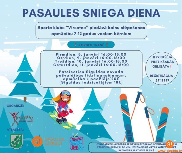 No 8. līdz 11. janvārim notiks kalnu slēpošanas nodarbību cikls bērniem