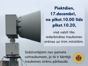 Piektdien, 17. decembrī, visā Latvijā pārbaudīs trauksmes sirēnas