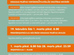 Sākusies bērnu reģistrācija mācībām 1. klasē Siguldas pilsētas skolās 1. un 2. prioritātei